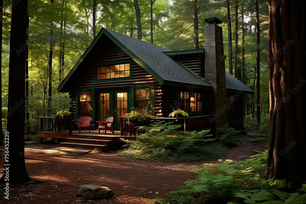 Wooden house in the forest at night. 3D rendering. Wooden cottage in the forest. Outdoor house. Sustainable lifestyle. Wooden house in the forest at night. 3D rendering. Wooden cottage in the forest. Outdoor house. Sustainable lifestyle.