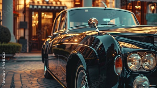 A black car parked in front of a modern building with glass windows on a city street.