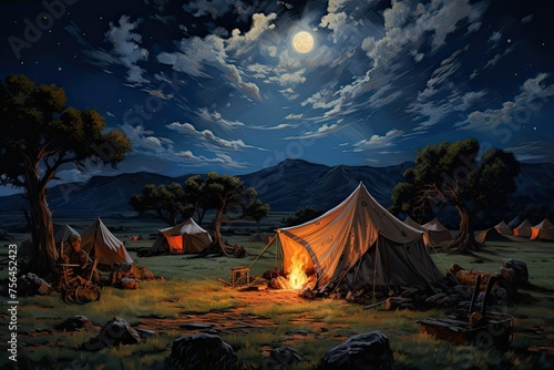 Camping in the mountains at night with tents and fire, illustration. Camping travel concept. Night camping near the forest under a magical sky. vacation camping.