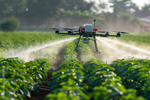 An industrial drone flies over a green field and sprays useful pesticides to increase productivity and destroy harmful insects