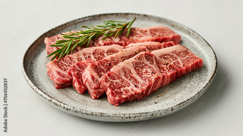 Close up of marble texture of wagyu, Wagyu Beef, Raw beef slice on dish or Japanese style yakiniku food barbecue and grilled over charcoal on stove, Close up japanese A5 wagyu premium beef. 