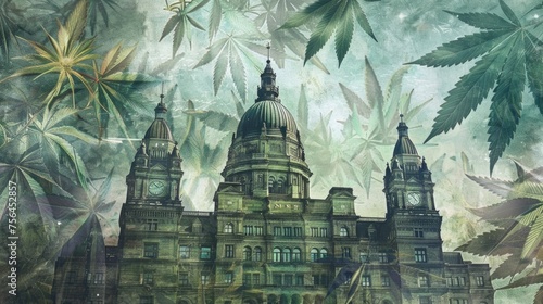 Parliament or governmental building with symbols of medical marijuana legalization, cityscape with a foreground of cannabis leaves