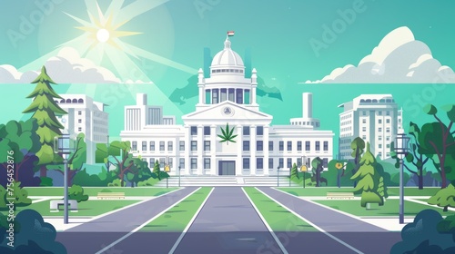 Parliament or governmental building with symbols of medical marijuana legalization, cityscape with a foreground of cannabis leaves