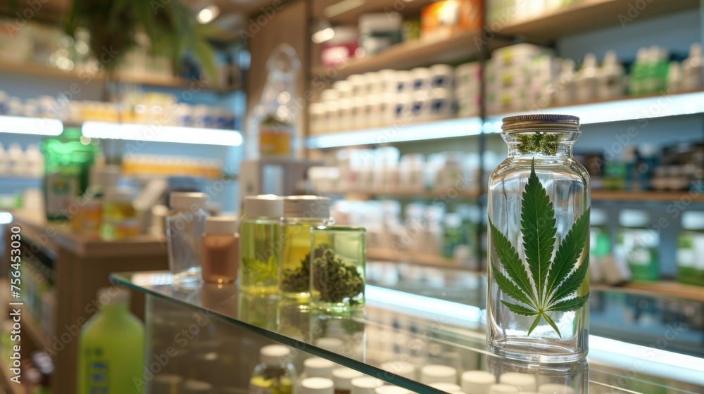 A variety of cannabis products with distinctive cannabis leaf branding on display at a modern dispensary shelf, pharmacy with a availability of medical marijuana - obrazy, fototapety, plakaty 