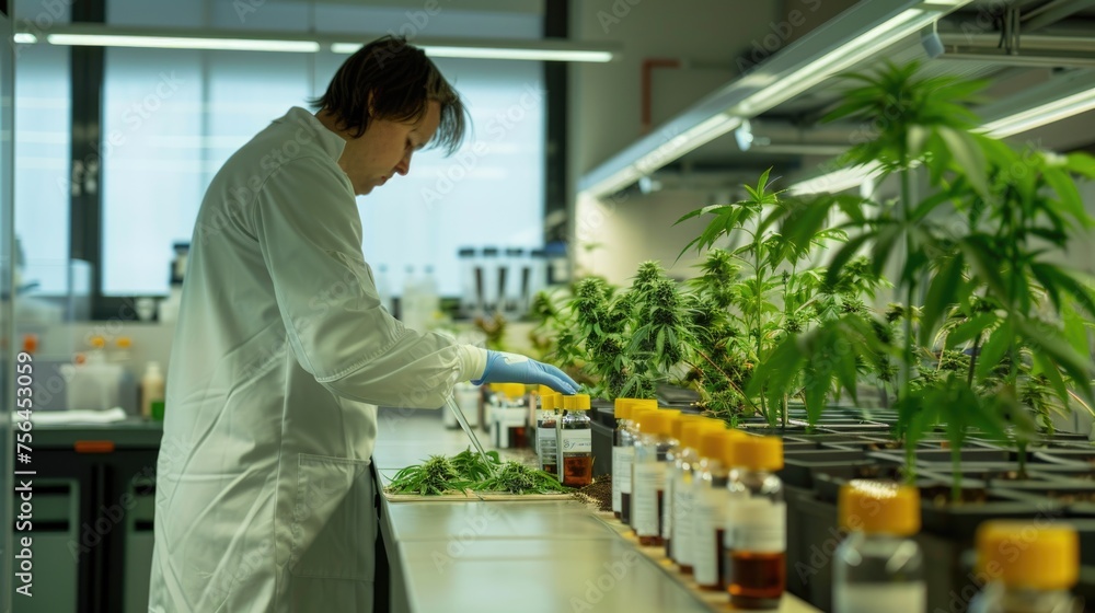 Cannabis Cultivation Research in Lab. Quality control process in the pharmaceutical cannabis industry. Research and analysis in the field of medical marijuana Cannabis Cultivation Research in Lab. Quality control process in the pharmaceutical cannabis industry. Research and analysis in the field of medical marijuana