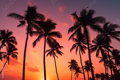 Vibrant sunset with silhouetted palm trees creating a romantic evening sky scene © Александр Раптовый