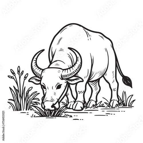 Line art of water buffalo eating grass cartoon vector