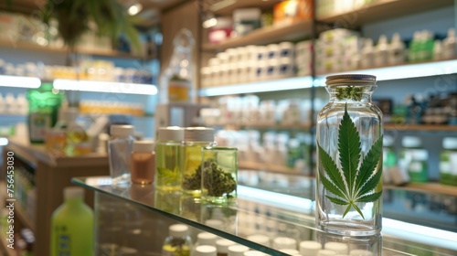 A variety of cannabis products with distinctive cannabis leaf branding on display at a modern dispensary shelf, pharmacy with a availability of medical marijuana photo