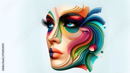 Young woman colorful eye makeup, wave and line, minimalist