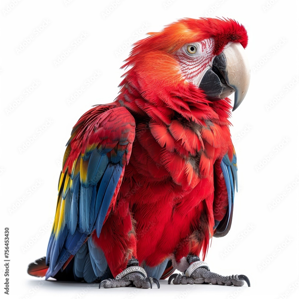 Red and Blue Parrot Perched on White Floor