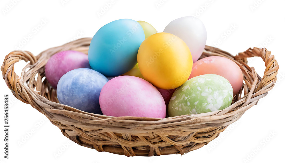 Colorful easter eggs in a wicker basket. Easter celebrations concept