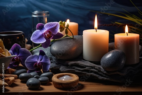 Tranquil spa scene with aromatherapy elements, candles, and relaxation tools