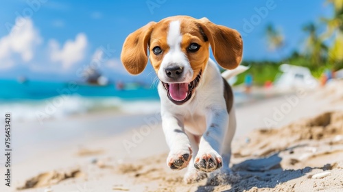 Joyful dog enjoying a carefree run on the sandy beach, providing ample space for text placement © Ilja