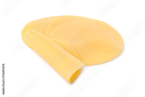 Slices of tasty fresh cheese isolated on white