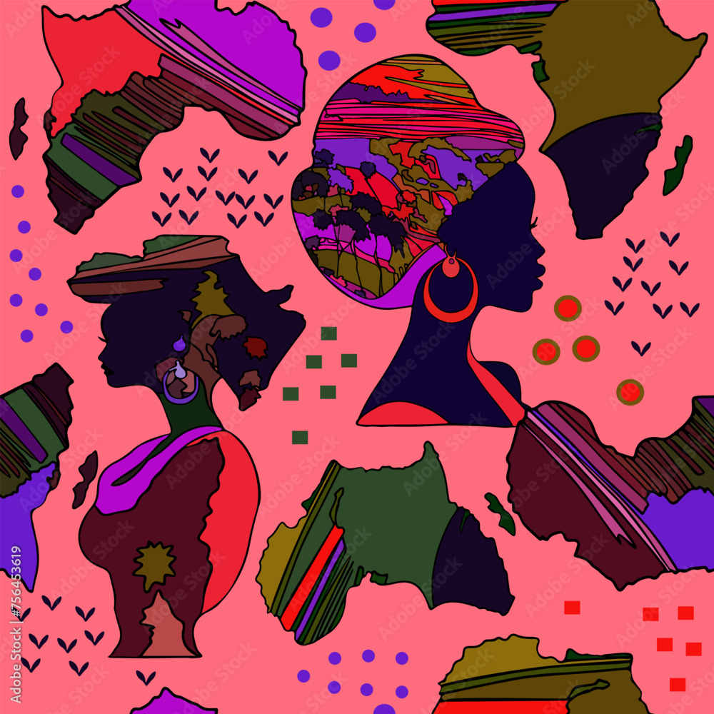 Pattern of African motifs. Women and the map of Africa in bright shades ...