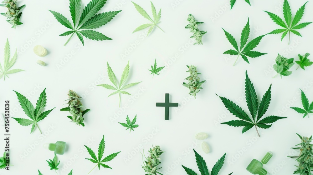 Cannabis leaves and medical crosses representing the integration of marijuana in modern healthcare, in the context of medical marijuana legalization Cannabis leaves and medical crosses representing the integration of marijuana in modern healthcare, in the context of medical marijuana legalization