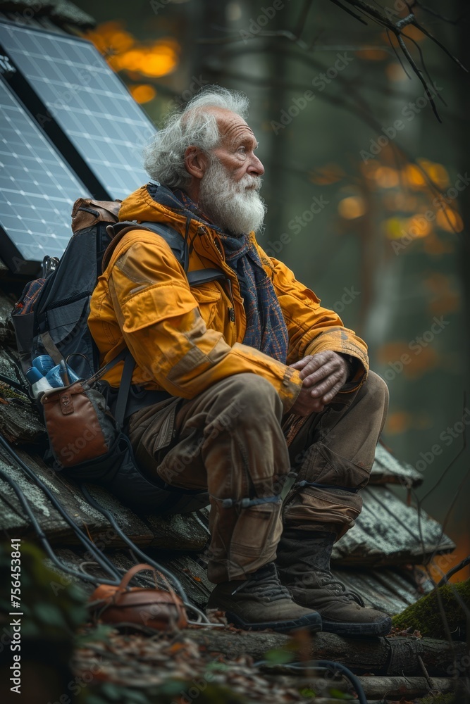 Portrait of an elderly man in autumn clothes near his private house. There is a solar battery nearby