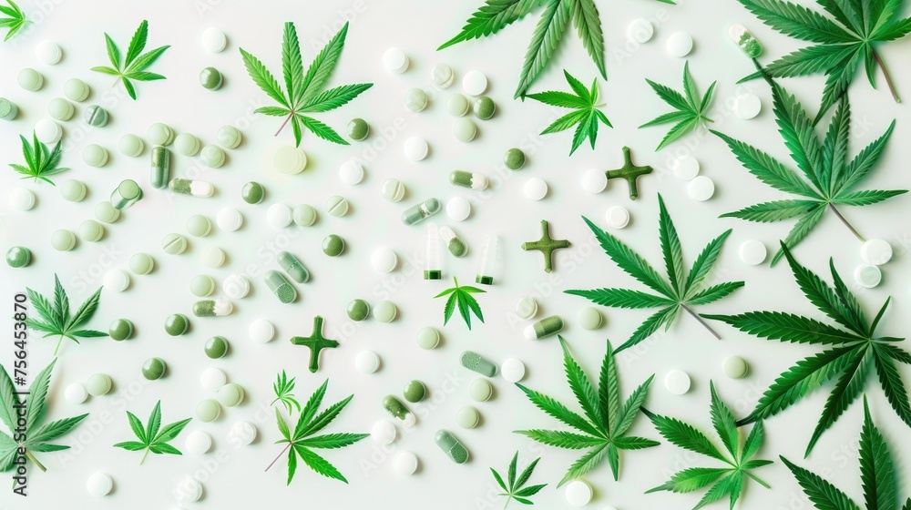 Cannabis leaves and medical crosses representing the integration of marijuana in modern healthcare, in the context of medical marijuana legalization Cannabis leaves and medical crosses representing the integration of marijuana in modern healthcare, in the context of medical marijuana legalization