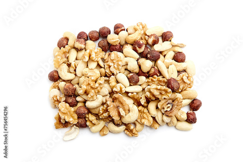 A pile of mixed nuts including walnuts, cashews, and hazelnuts on a white background