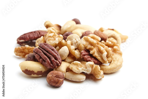 A scattered assortment of walnuts, pecans, hazelnuts, Brazil nuts, almonds, and cashews isolated on a white background