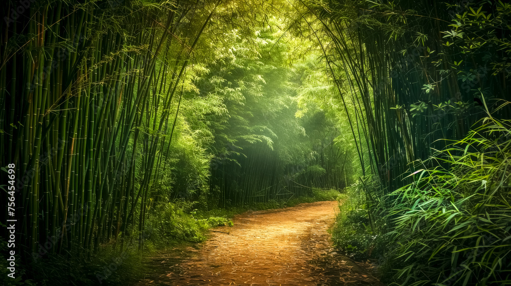 Serene, mystical pathway surrounded by a lush bamboo forest under a soft mist