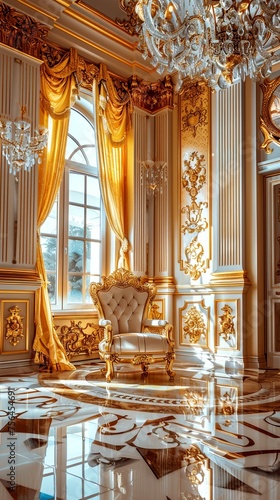 A luxurious room featuring an ornate chandelier hanging from the ceiling, with an elegant chair positioned beneath it.