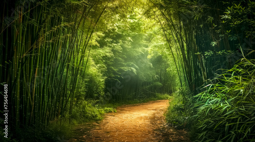 Serene  mystical pathway surrounded by a lush bamboo forest under a soft mist