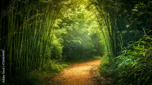 Serene, mystical pathway surrounded by a lush bamboo forest under a soft mist