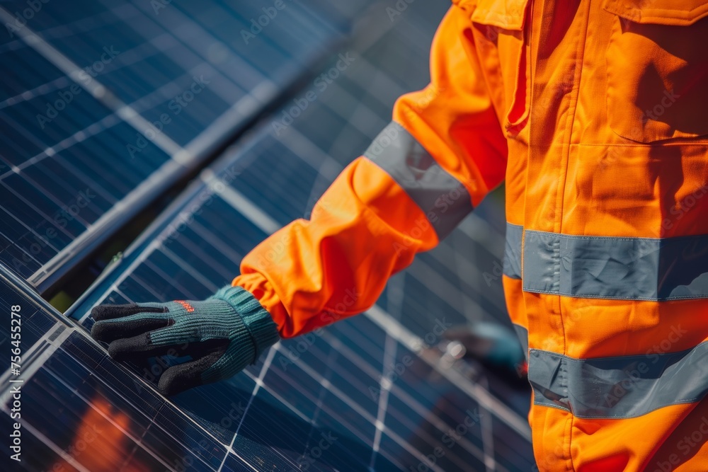 Engineer wearing a helmet inspects solar system, electrician or ...