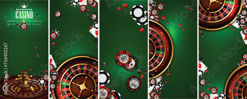 Casino advertising with roulette and elements of casino games on a green background.  3D vector. High detailed realistic illustration.