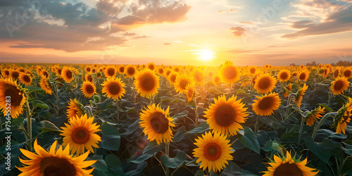 field of sunflowers and Sunflower field at sunset. Nature background. Sunflower blooming.