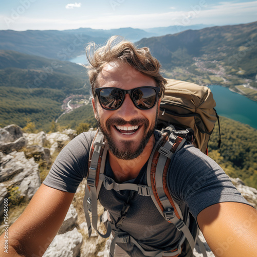 A happy traveler takes a selfie on a mountain cliff with a river winding below