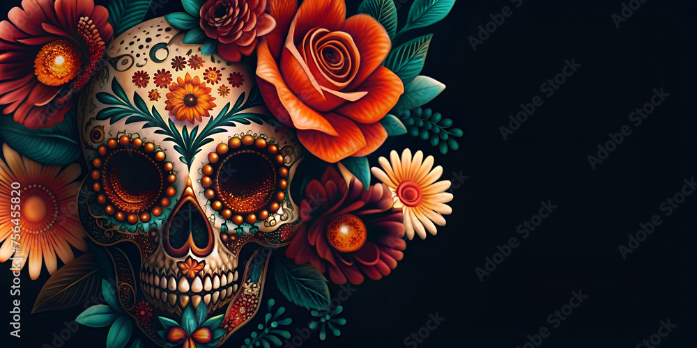 Mexican festive dia de los muertos background with vivid flowers and sugar skulls. Festival cinco de mayo backdrop in Mexico. Day of the dead, all saints day or Halloween holiday with copy space Mexican festive dia de los muertos background with vivid flowers and sugar skulls. Festival cinco de mayo backdrop in Mexico. Day of the dead, all saints day or Halloween holiday with copy space