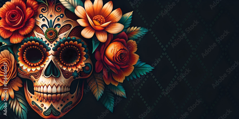 Mexican festive dia de los muertos background with vivid flowers and sugar skulls. Festival cinco de mayo backdrop in Mexico. Day of the dead, all saints day or Halloween holiday with copy space