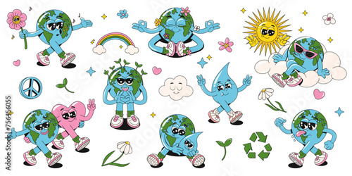Set of retro groovy Earth planet, sun, water drop and heart characters. Vector funny 60s, 70s vintage Earth Day stickers, stamps, patches or mascots on. World Environment Day concept. Y2K aesthetics.