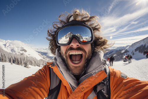 Excited snowboarder captures a selfie with a mountain reflection in his goggles