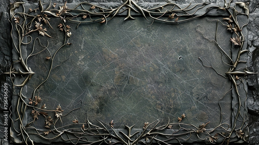 Recurso gráfico de marco con elementos de metal y fondo de piedra desgastado.  - obrazy, fototapety, plakaty 