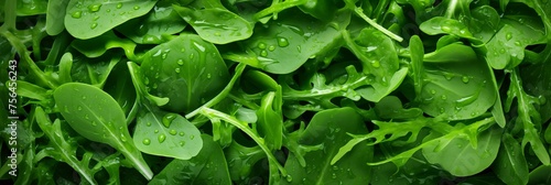 Wet fresh arugula, rucola and spinach leaves background, banner, texture top view. Spinach and rucola closeup with water drops. Green leaves banner © alstanova@gmail.com