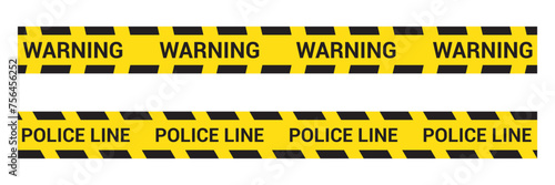 set of Yellow danger barricade tape with black diagonal stripes and text "WARNING " ''POLICE LINE'' Vector template of seamless warning, caution ribbon for construction works or crime scene