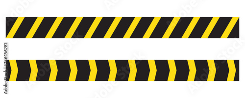 Warning tape set with yellow and black diagonal stripes. Warn stop seamless line. Long danger ribbon. Yellow and black caution tape border. Vector illustration