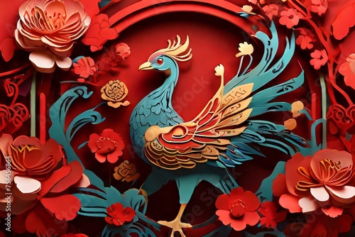 A vibrant 3D rendering of a phoenix bird made of colorful paper. The bird is perched on a red background and surrounded by blooming flowers. Symbolizes rebirth  new beginnings  and represents fire