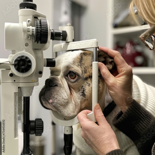 Woman Examining Dog Through Microscope. Eye exam