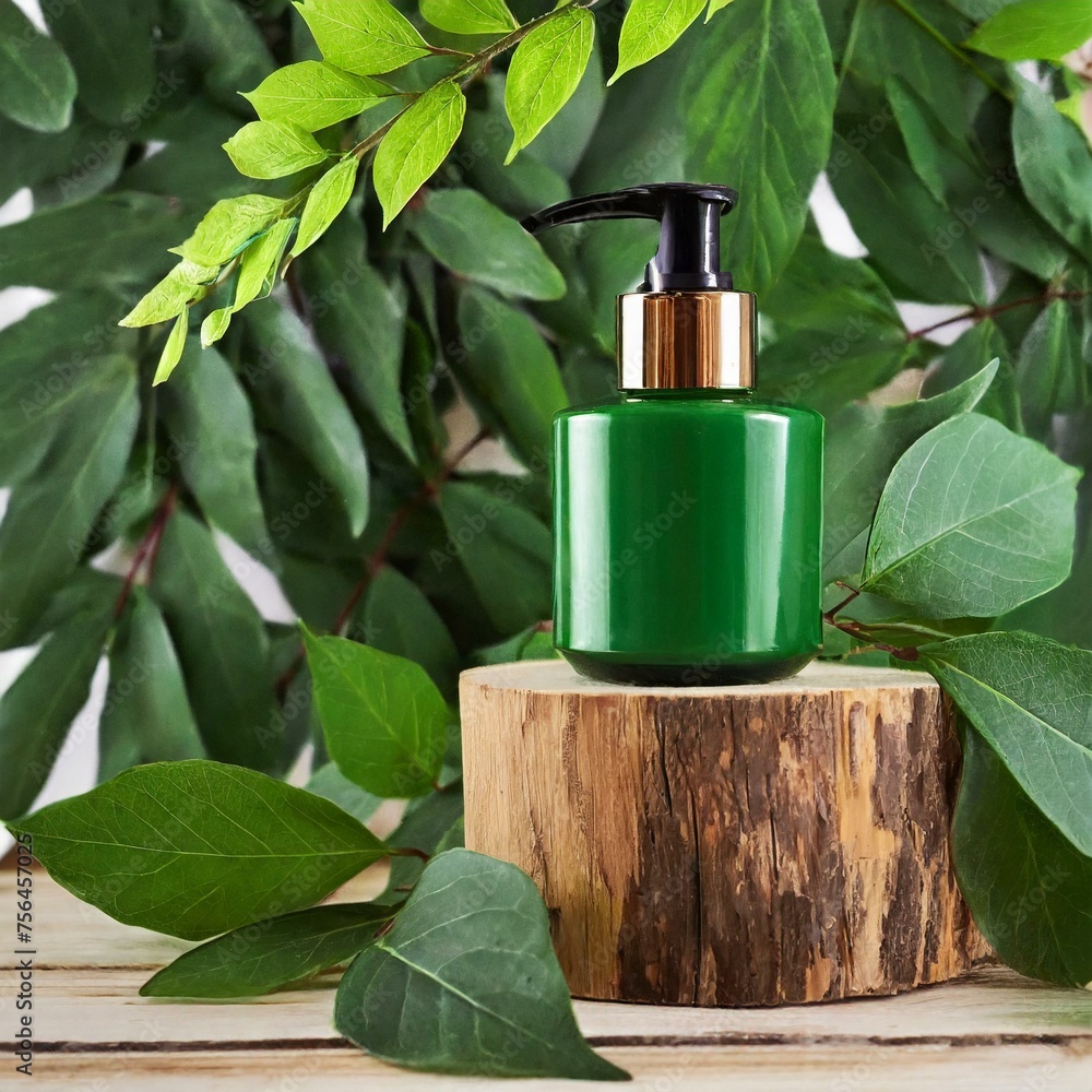 Green jar with a dispenser for organic and natural cosmetics on a wooden podium against the background of branches made of leaves. Layout for logo and label application Green jar with a dispenser for organic and natural cosmetics on a wooden podium against the background of branches made of leaves. Layout for logo and label application
