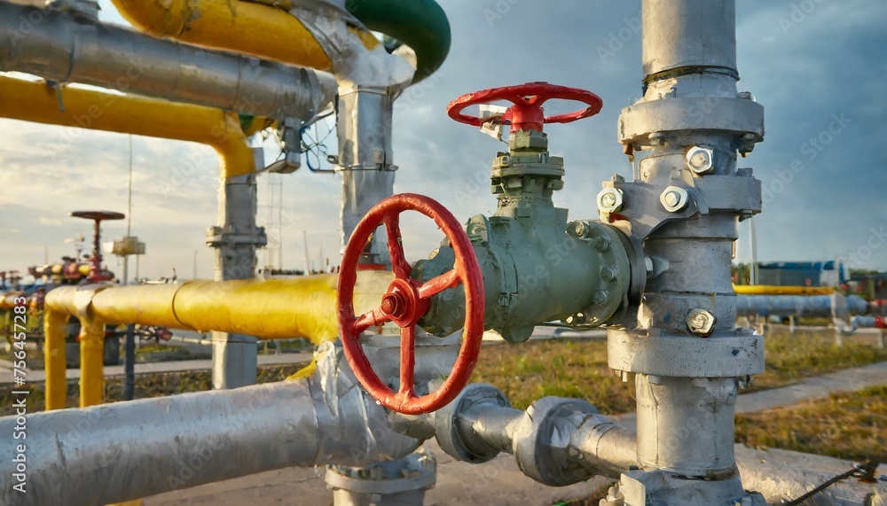 Close-up of Gas tap with outdoor pipeline system near natural gas station. Gas industry, natural gas production. Close-up of Gas tap with outdoor pipeline system near natural gas station. Gas industry, natural gas production.