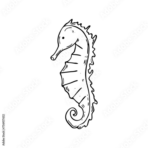Sea animal.Vector seahorse in doodle style. Hand drawn illustration for travel design.