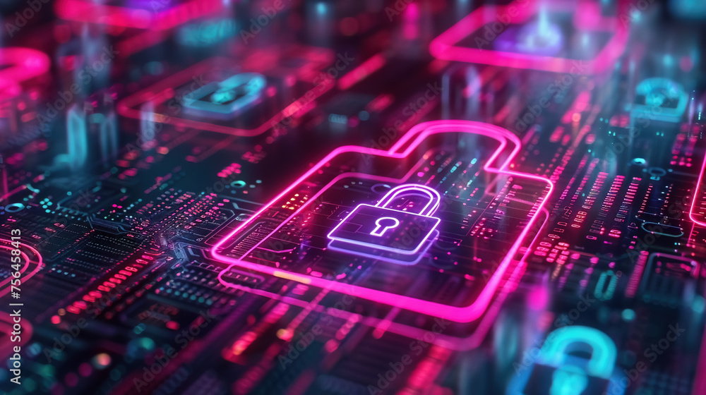 A glowing neon image of a series of locked padlock icons overlaid on a computer screen close-up A glowing neon image of a series of locked padlock icons overlaid on a computer screen close-up