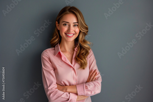 Happy young smiling confident professional business woman wearing pink shirt, pretty stylish female executive looking at camera, standing arms crossed isolated at gray background