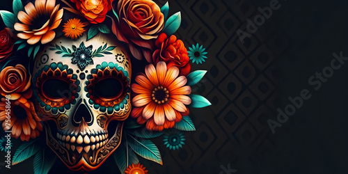 Skull with vibrant flowers for mexican festive dia de los muertos celebration. Festival cinco de mayo backdrop in Mexico. Day of the dead, all saints day or Halloween holiday with copy space photo