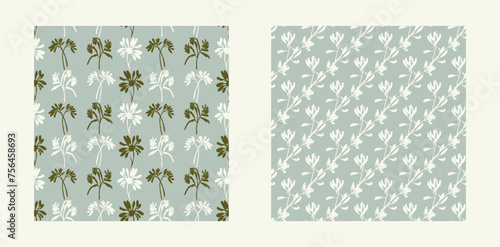 Modern botanical minimal wildflower vector pattern set. Summer gender neutral pressed flower silhouette background. Simple nature floral paper cut out wallpaper for wedding, hedgerow decor repeat.