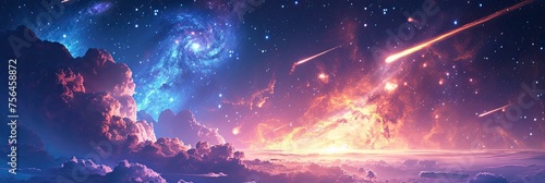Space abstract background with planets and stars  cosmic landscape in neon colors  AI generated image